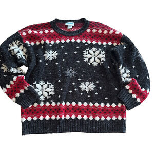 Vintage Mervyn’s 90s Holiday Sweater Snowflake Red Gray Crew Retro Christmas Lg